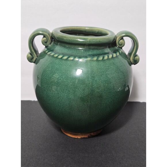 J. Poles Home Brand Designer Pottery Green Vase w/Handles Collectible Decor
